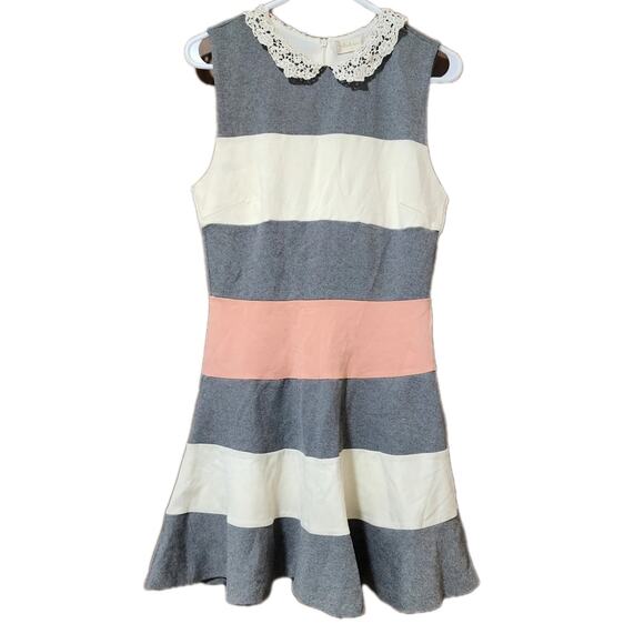 Altar'd State Striped Short Sleeveless Dress Lace Collar Gray Cream Pink Small - Picture 1 of 6